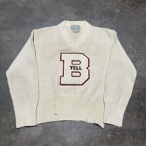 Vintage 60s Yell Cutters Cream Wool Varsity V-Neck Sweater